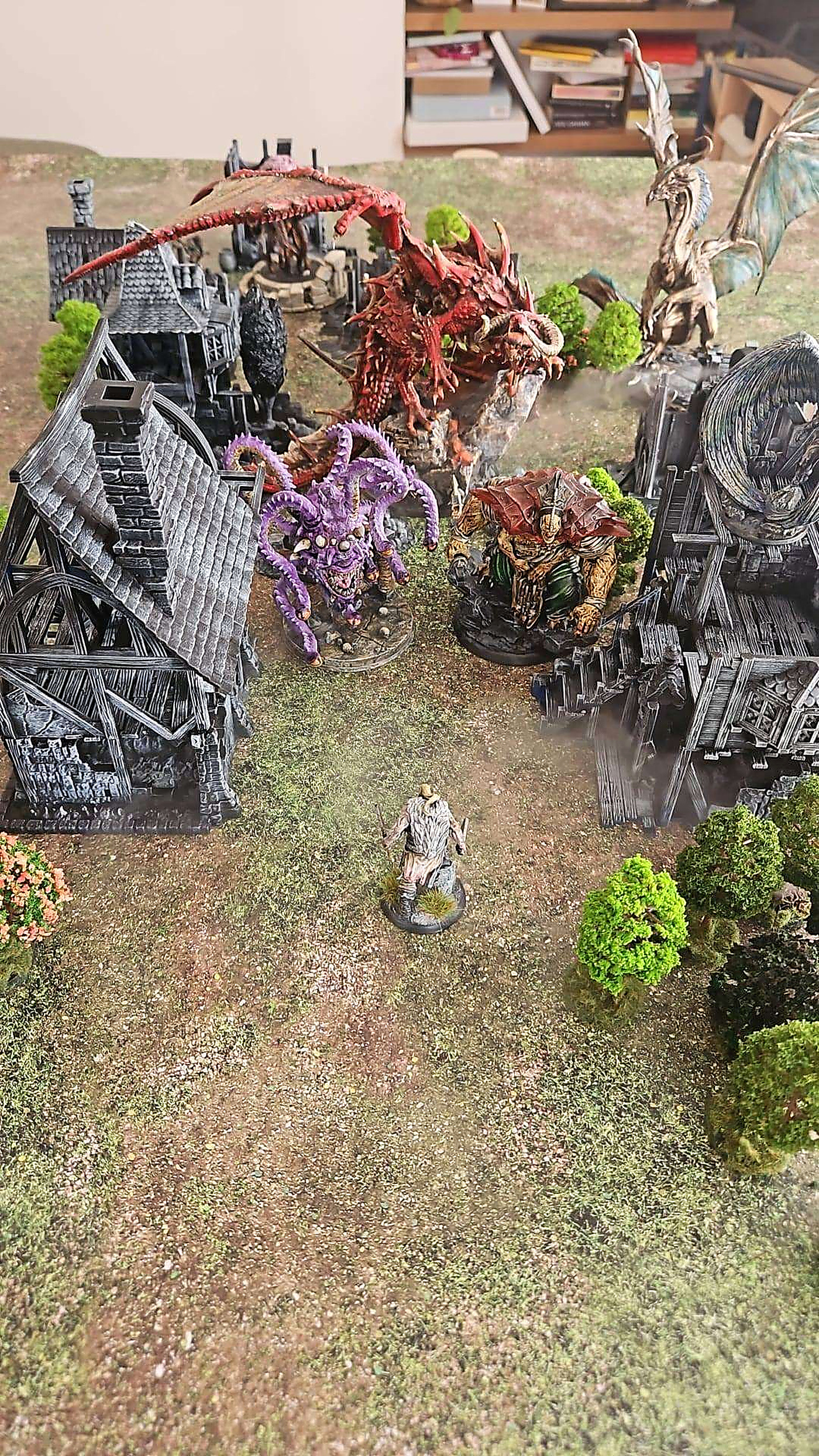 A dragon stalking a miniature village street